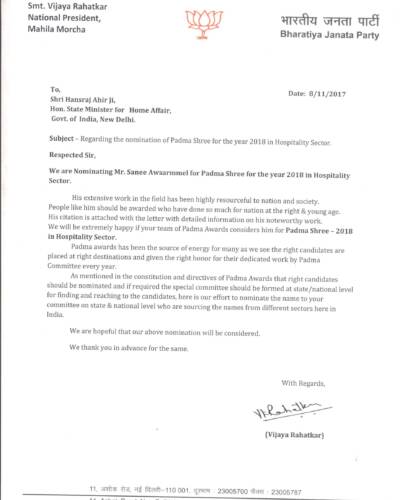BJP National President Mahila Morcha Nominates Sanee Awsarmmel for Padma Shree for Hospitality Sector Letter Sent to Hon. Hansraj Ahir ji