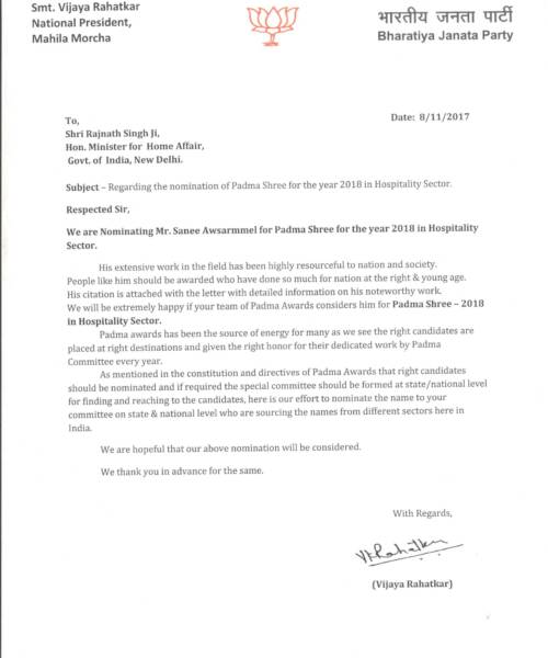 BJP National President Mahila Morcha Nominates Sanee Awsarmmel for Padma Shree for Hospitality Sector Letter Sent to Hon. Rajnath Singh ji